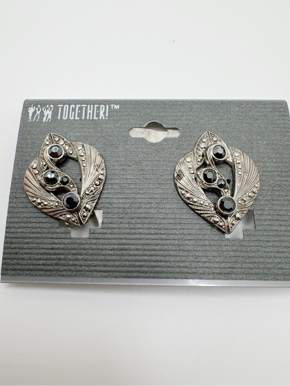 Together Silver-Tone Leaf Clip-on Earrings with Black Gems
